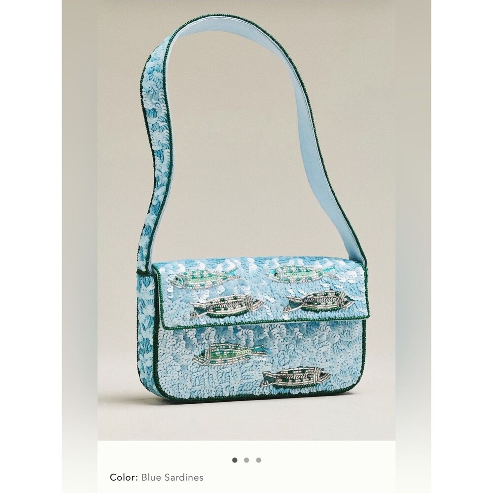 New Anthropologie Fiona beaded shoulder bag blue sardines fish Sequin purse